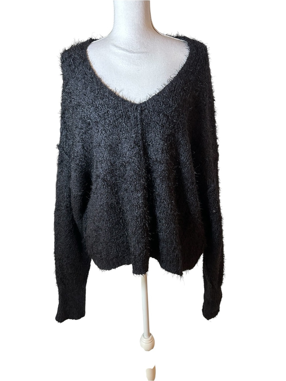 Free People Black Fuzzy V-Neck Sweater